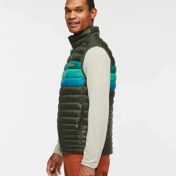 Cotopaxi Men's XL Fuego Down Vest Green Blue Woods Stripes NWT Puffy Puff Puffer - Picture 9 of 15